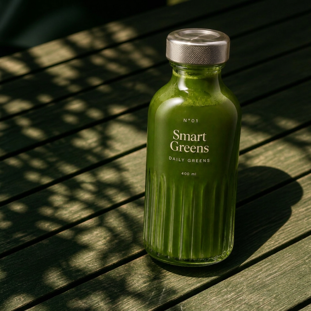 Bottle of Smart Greens on a sunlit deck